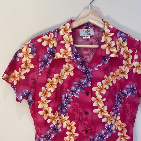 HO Aloha Hawaiian 1980’s Fitted Floral Plumeria Pink Cotton Shirt Beach Summer S - Picture 3 of 9